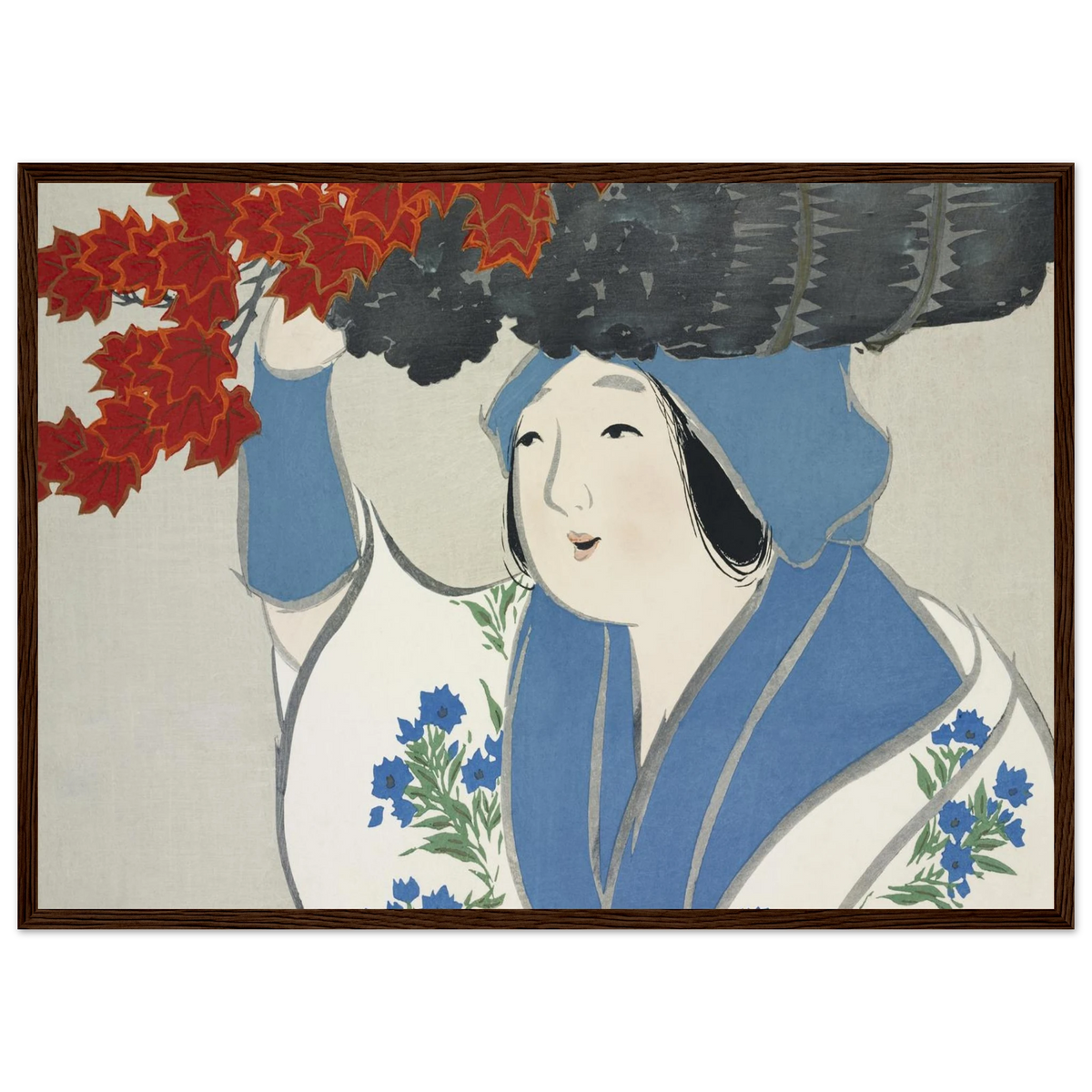 Estampe japonaise KUROKIURI, La marchande de petit bois — Kamisaka Sekka, tirage encadré cadre bois foncé | INKONAL
