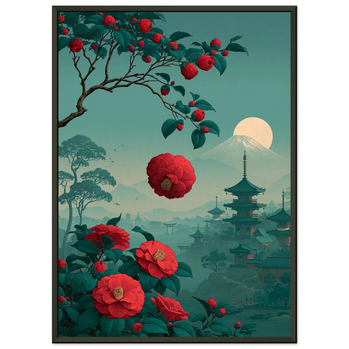 Poster Tsubaki — fleur de camélia tombant intacte, affiche d'art japonais INKONAL