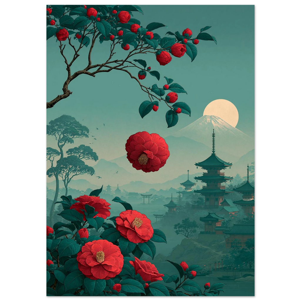 Poster Tsubaki — fleur de camélia tombant intacte, affiche d'art japonais INKONAL