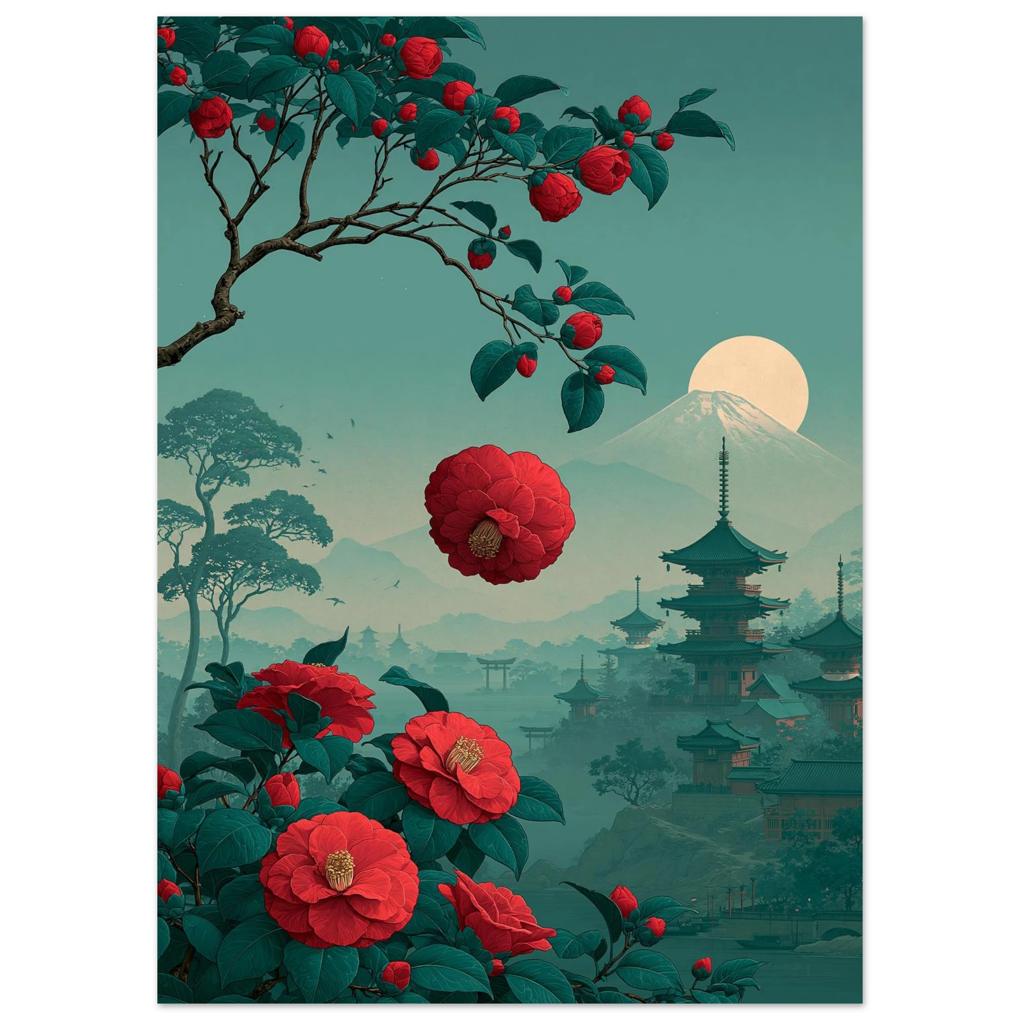 Poster Tsubaki — fleur de camélia tombant intacte, affiche d'art japonais INKONAL