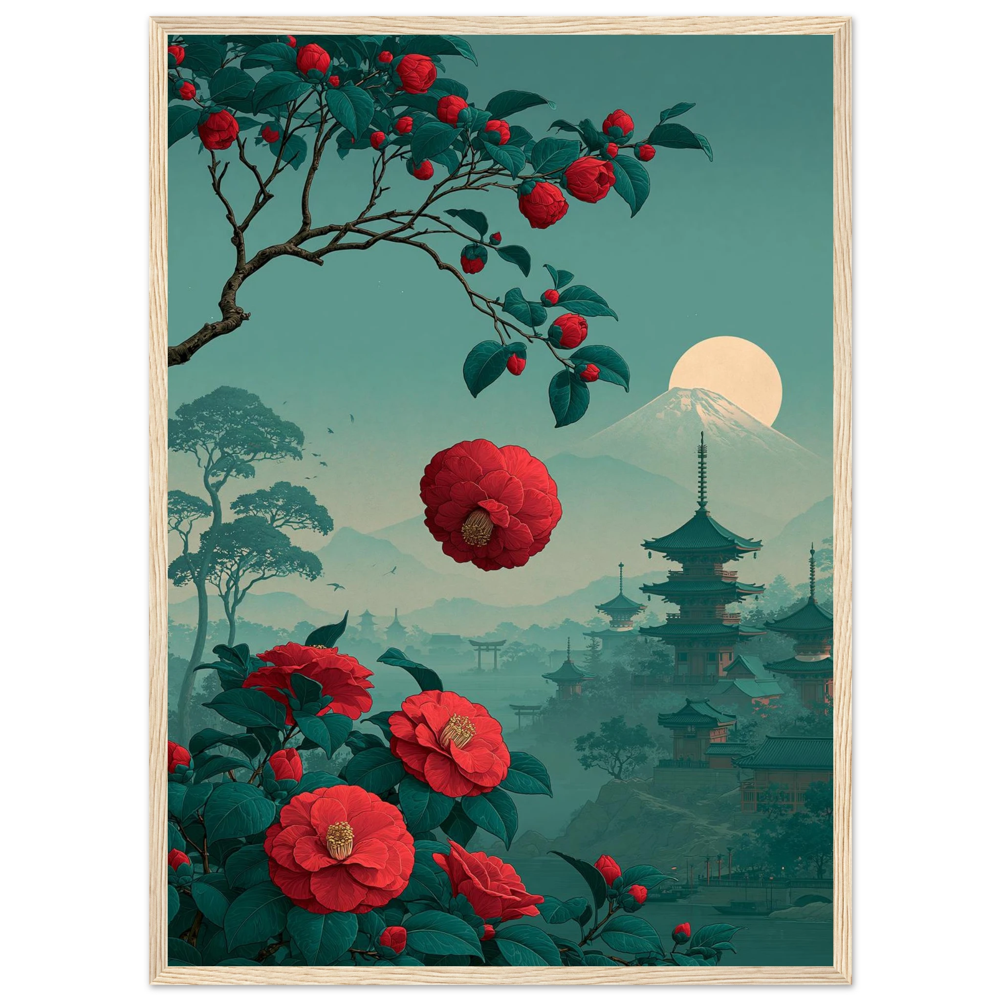 Poster Tsubaki — fleur de camélia tombant intacte, affiche d'art japonais INKONAL