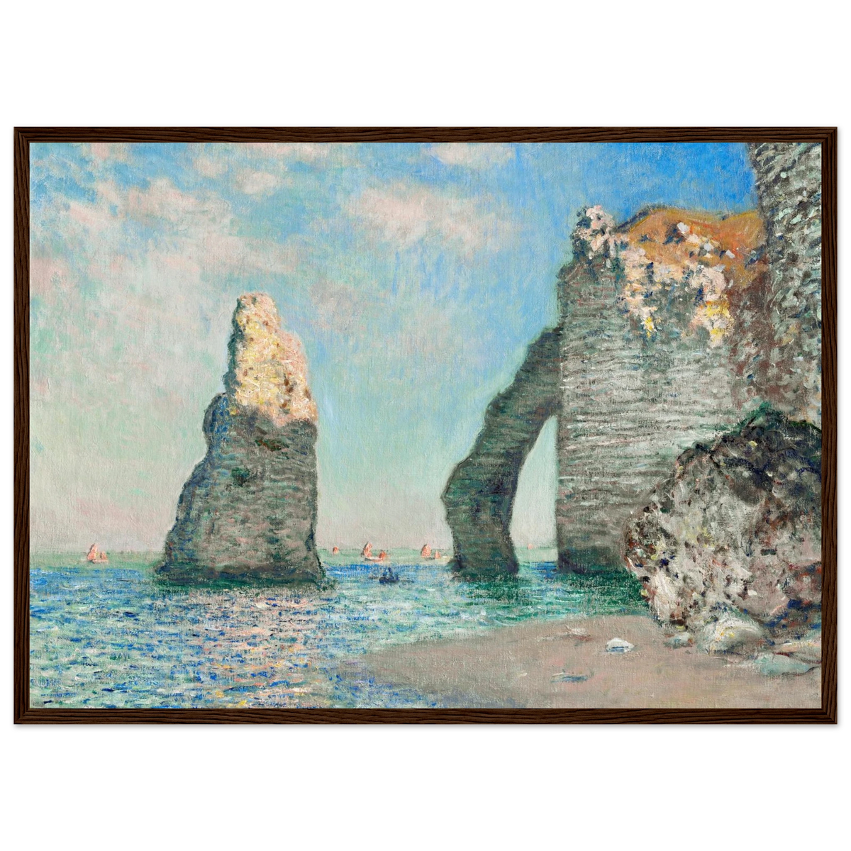 Poster Les Falaises d'Étretat de Claude Monet, encadré cadre bois foncé – affiche d'art INKONAL