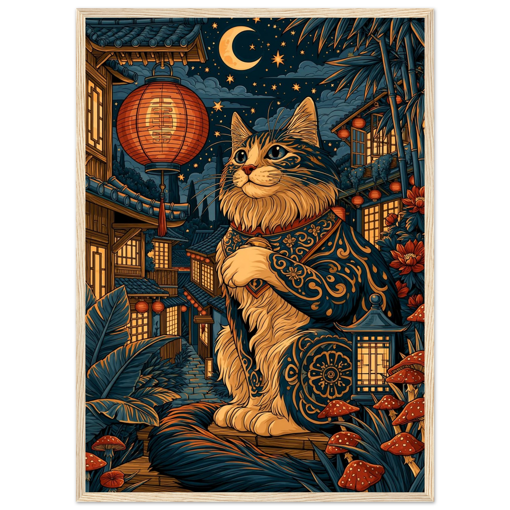 Poster Maneki Neko encadré (cadre bois) — chat porte-bonheur japonais dans une ruelle nocturne, affiche d'art INKONAL