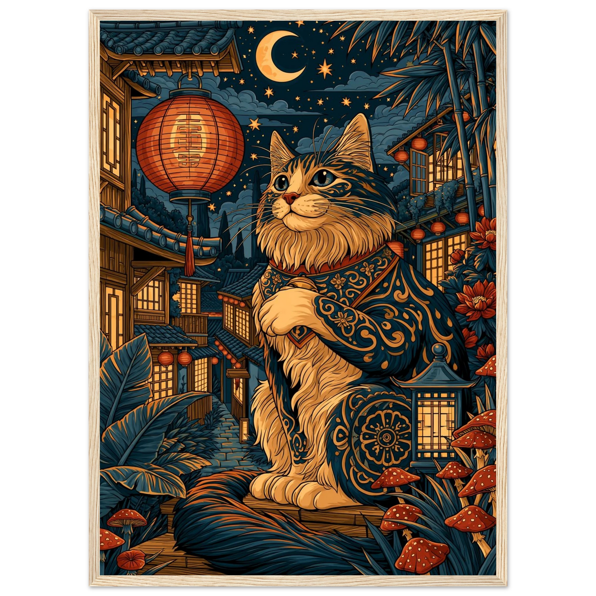 Poster Maneki Neko encadré (cadre bois) — chat porte-bonheur japonais dans une ruelle nocturne, affiche d'art INKONAL