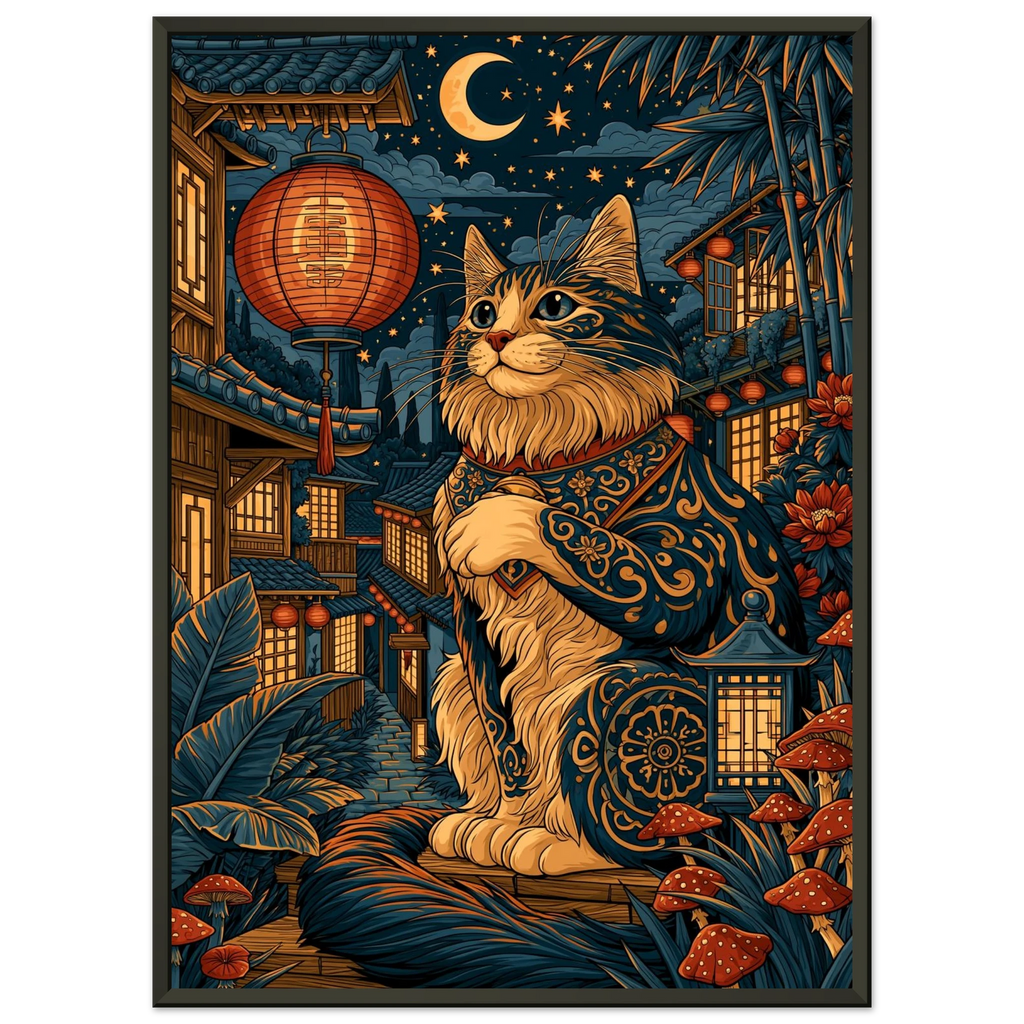 Poster Maneki Neko encadré (cadre noir) — chat porte-bonheur japonais dans une ruelle nocturne, affiche d'art INKONAL