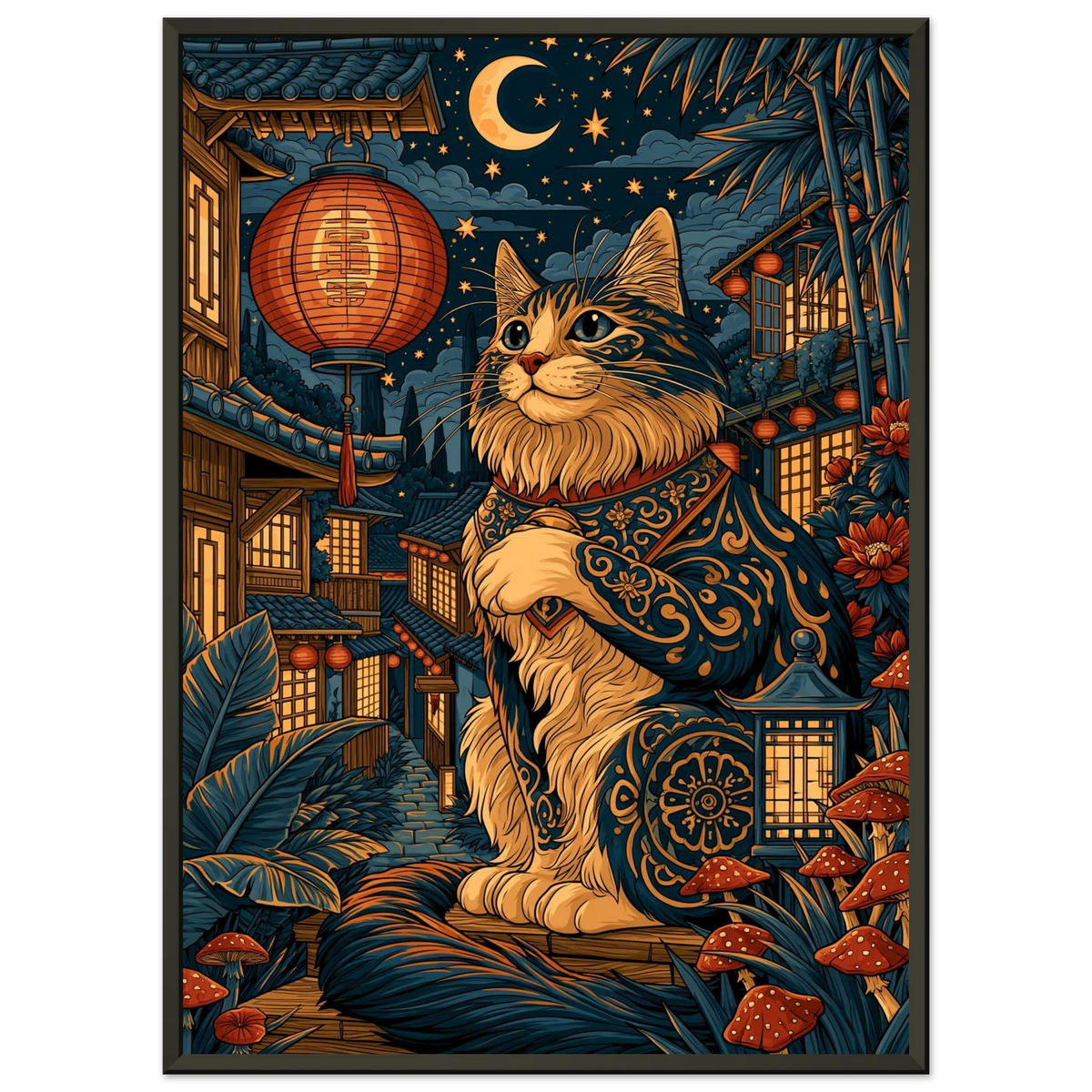 Poster Maneki Neko encadré (cadre noir) — chat porte-bonheur japonais dans une ruelle nocturne, affiche d'art INKONAL