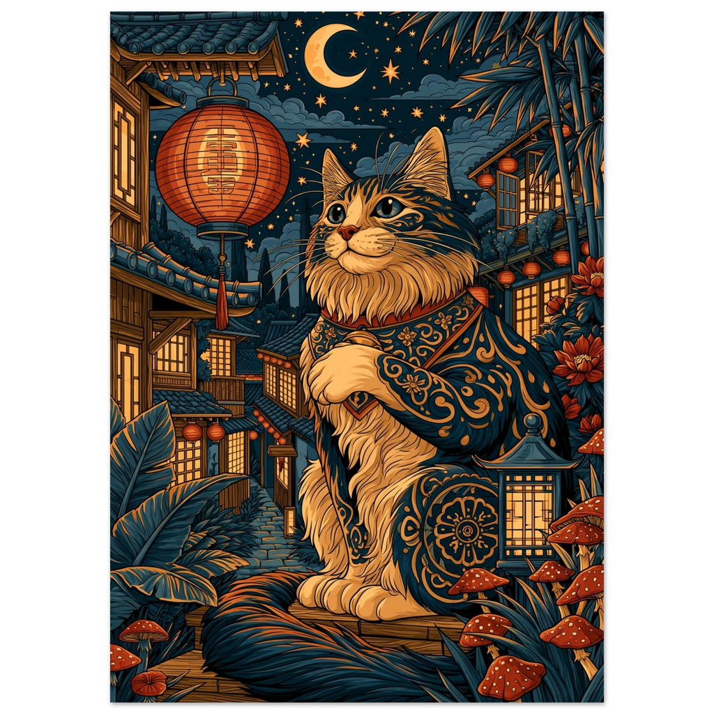 Poster Maneki Neko sans cadre — chat porte-bonheur japonais dans une ruelle nocturne, affiche d'art INKONAL