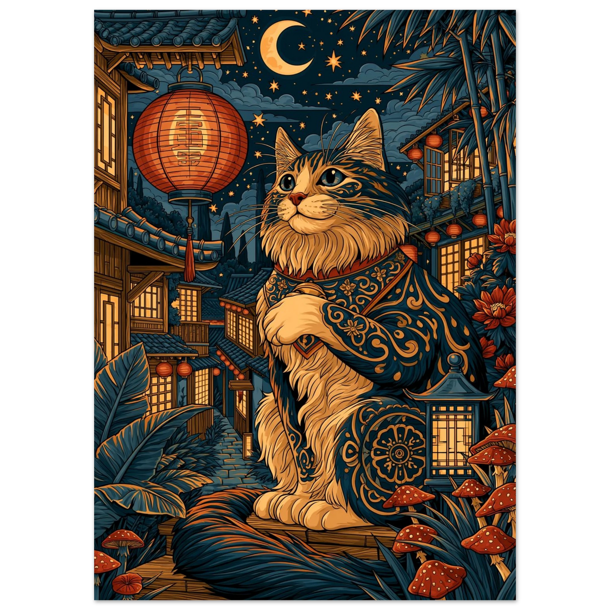 Poster Maneki Neko sans cadre — chat porte-bonheur japonais dans une ruelle nocturne, affiche d'art INKONAL