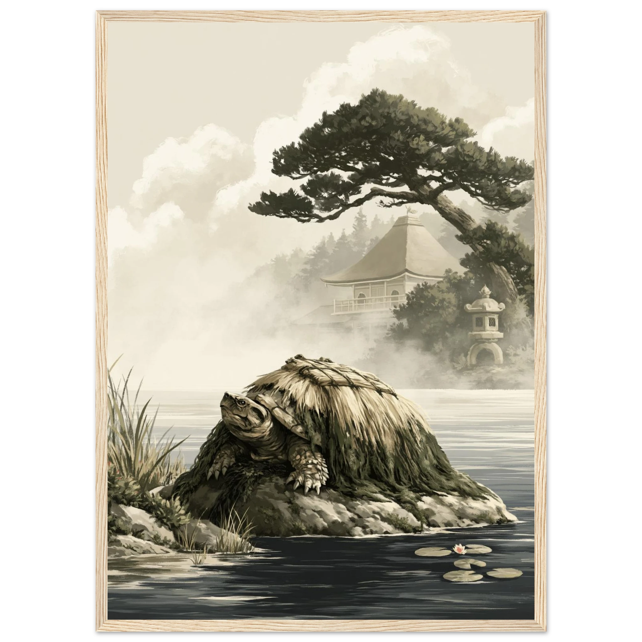 Poster Minogame encadré cadre bois — tortue au long manteau d'algues, affiche d'art japonais INKONAL