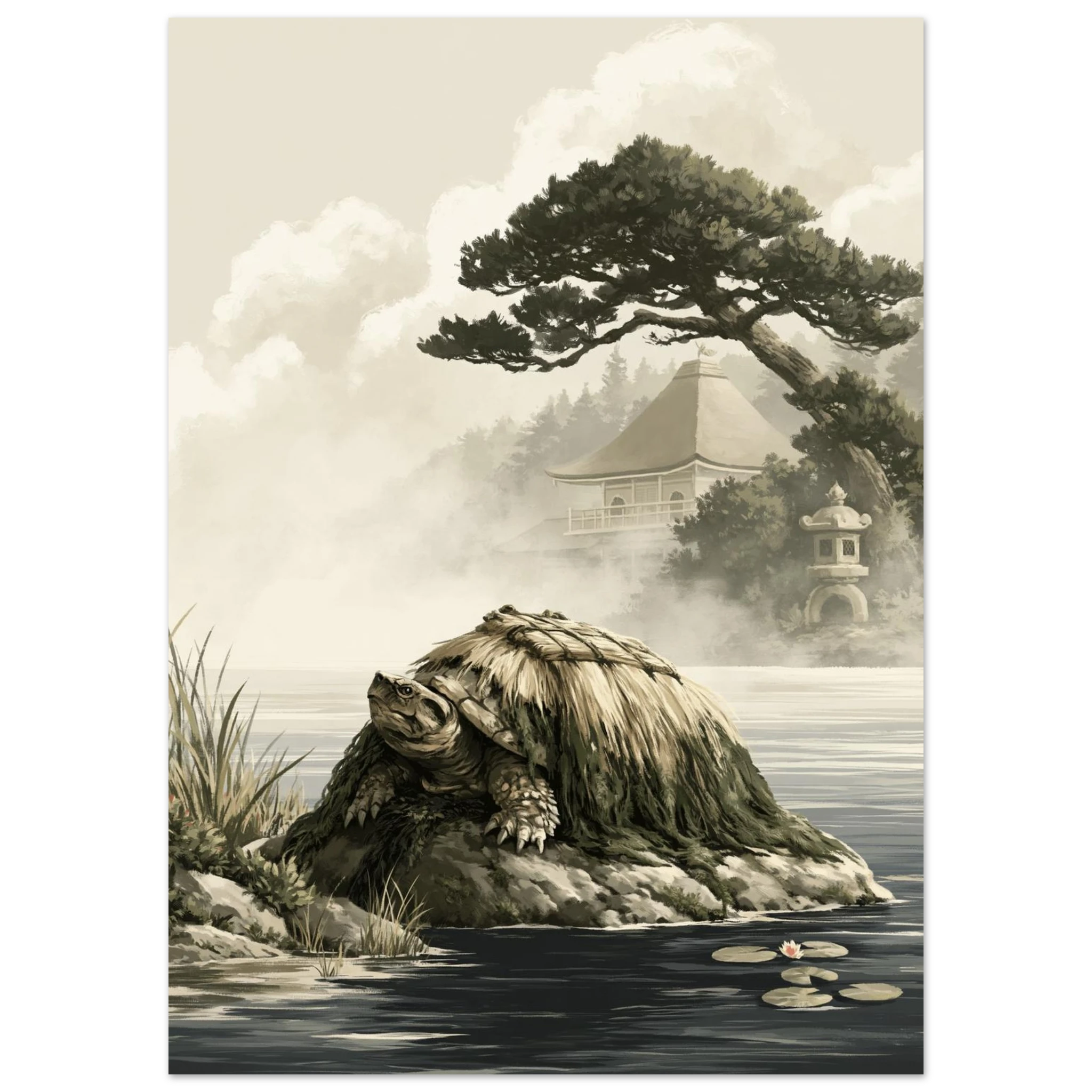 Poster Minogame sans cadre — tortue au long manteau d'algues, affiche d'art japonais INKONAL