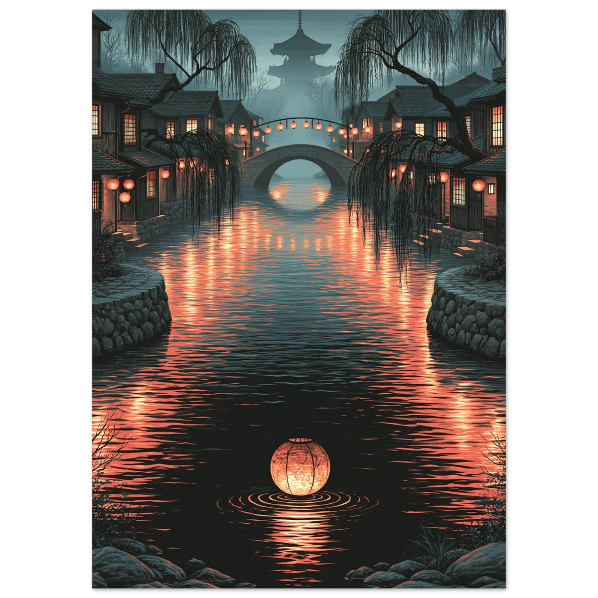 Poster Mizu ni nagasu sans cadre — lanterne à la dérive sur une rivière de nuit, affiche d'art japonais INKONAL