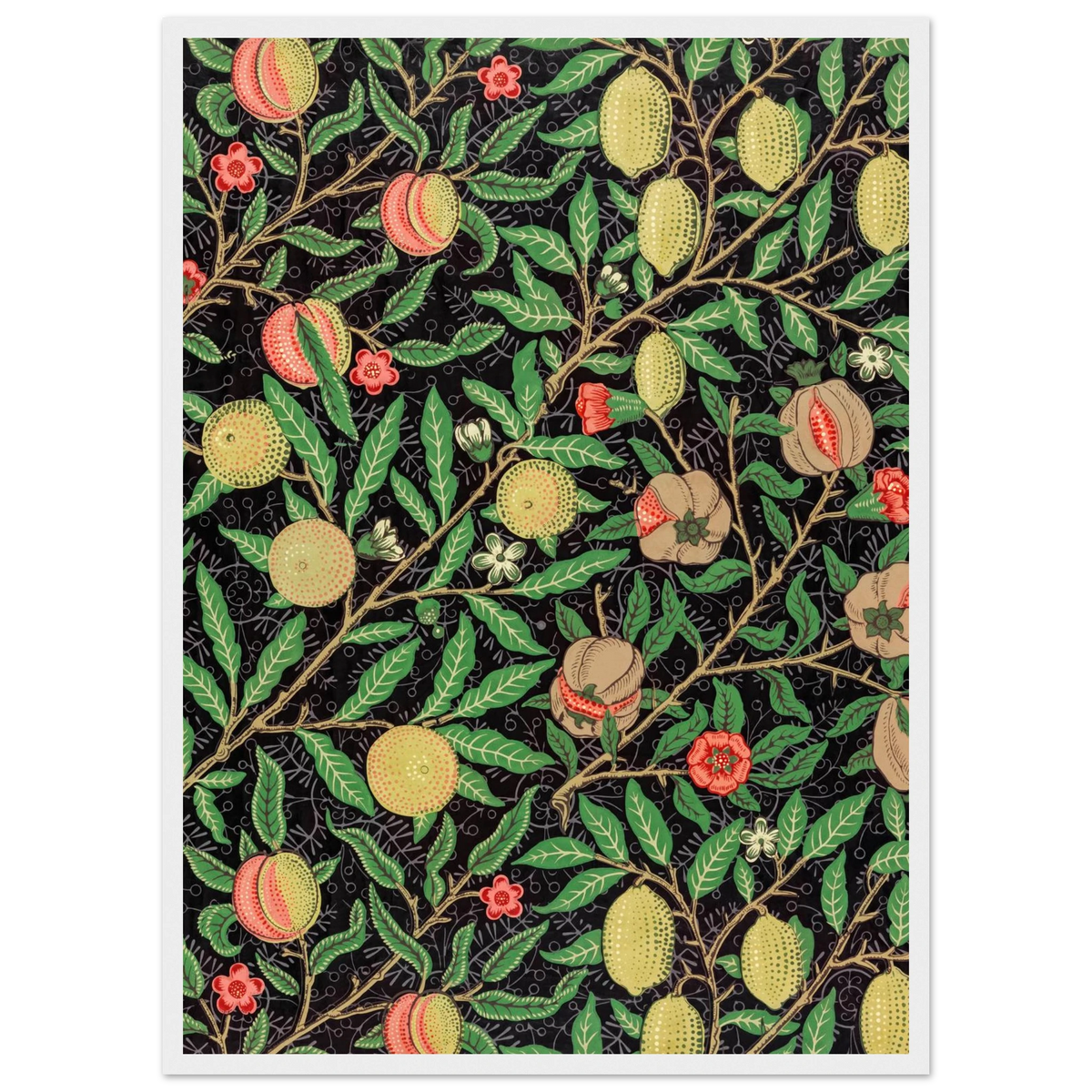 Motif Fruits, fond noir — William Morris, tirage cadre blanc | INKONAL