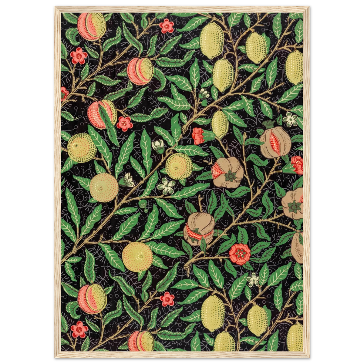 Motif Fruits, fond noir — William Morris, tirage cadre bois | INKONAL