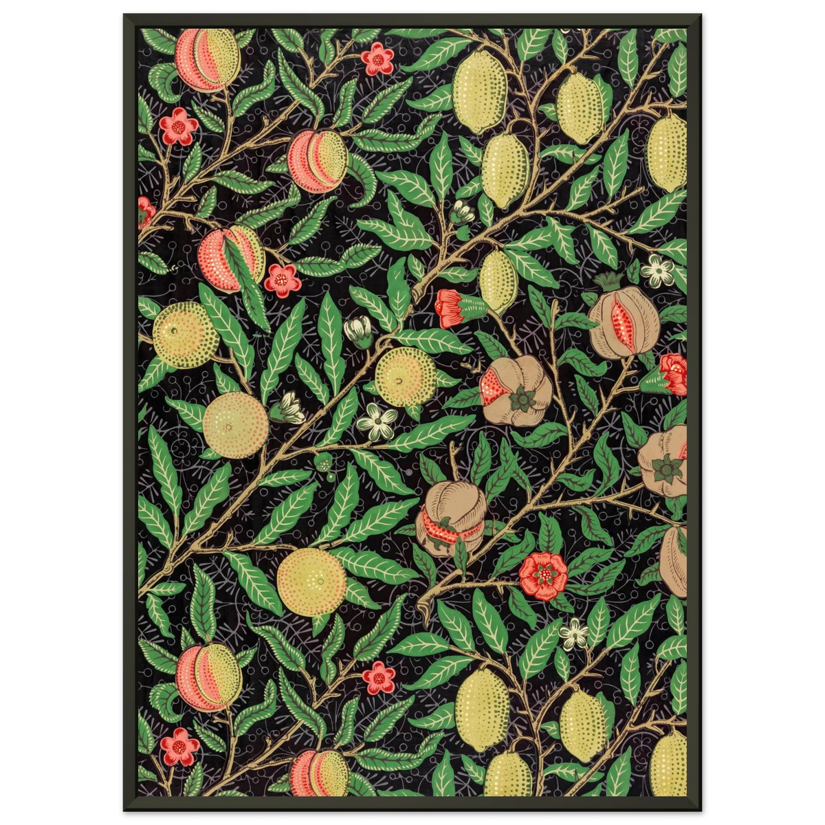 Motif Fruits, fond noir — William Morris, tirage cadre noir | INKONAL