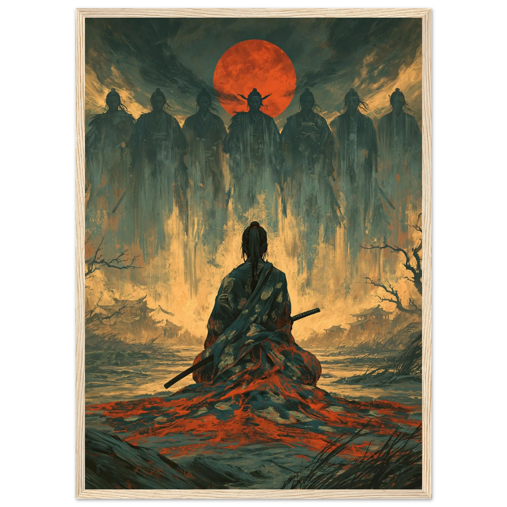 Poster Nanakorobi Yaoki encadré (cadre bois) — guerrier face à ses sept ombres sous la lune, affiche d'art japonais INKONAL