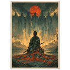 Poster Nanakorobi Yaoki encadré (cadre bois) — guerrier face à ses sept ombres sous la lune, affiche d'art japonais INKONAL