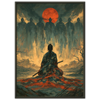 Poster Nanakorobi Yaoki encadré (cadre noir) — guerrier face à ses sept ombres sous la lune, affiche d'art japonais INKONAL