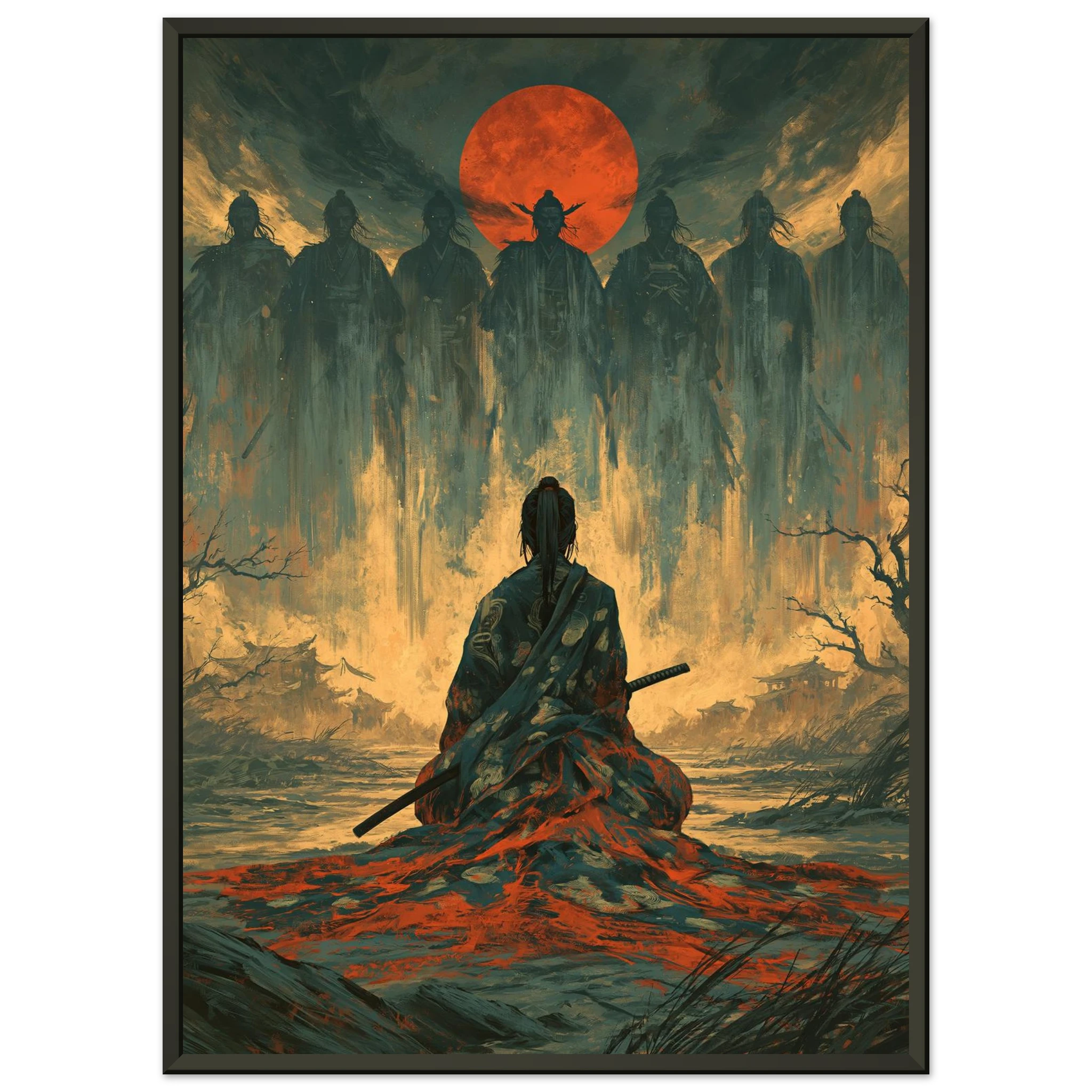Poster Nanakorobi Yaoki encadré (cadre noir) — guerrier face à ses sept ombres sous la lune, affiche d'art japonais INKONAL