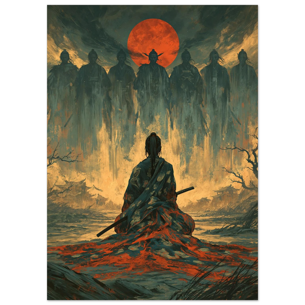 Poster Nanakorobi Yaoki sans cadre — guerrier face à ses sept ombres sous la lune, affiche d'art japonais INKONAL