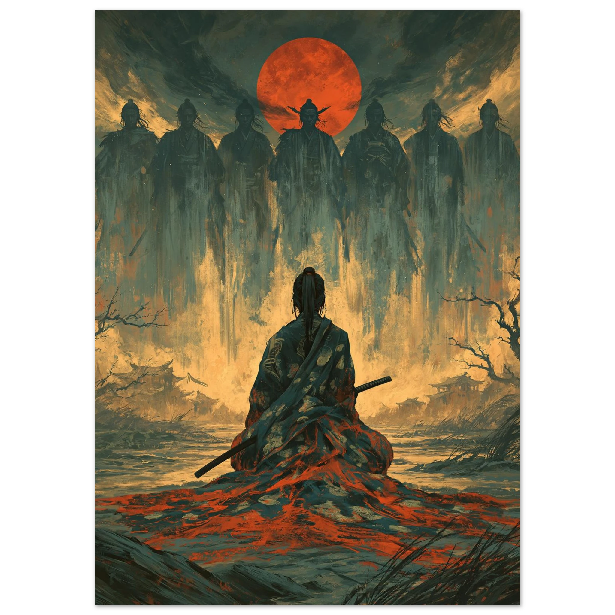 Poster Nanakorobi Yaoki sans cadre — guerrier face à ses sept ombres sous la lune, affiche d'art japonais INKONAL