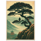 Poster Nō aru taka encadré cadre bois — faucon perché sur un pin au-dessus d'une vallée brumeuse, affiche d'art japonais INKONAL