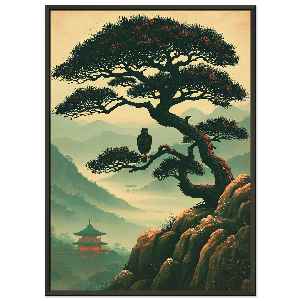 Poster Nō aru taka encadré cadre noir — faucon perché sur un pin au-dessus d'une vallée brumeuse, affiche d'art japonais INKONAL