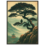 Poster Nō aru taka encadré cadre noir — faucon perché sur un pin au-dessus d'une vallée brumeuse, affiche d'art japonais INKONAL