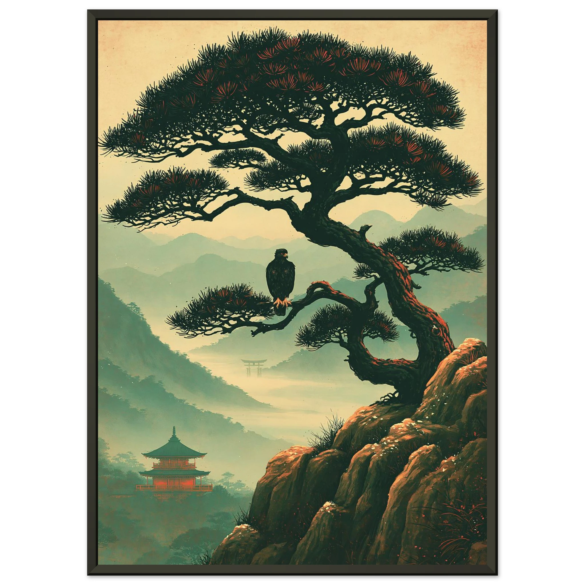 Poster Nō aru taka encadré cadre noir — faucon perché sur un pin au-dessus d'une vallée brumeuse, affiche d'art japonais INKONAL