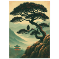 Poster Nō aru taka sans cadre — faucon perché sur un pin au-dessus d'une vallée brumeuse, affiche d'art japonais INKONAL