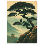 Poster Nō aru taka sans cadre — faucon perché sur un pin au-dessus d'une vallée brumeuse, affiche d'art japonais INKONAL