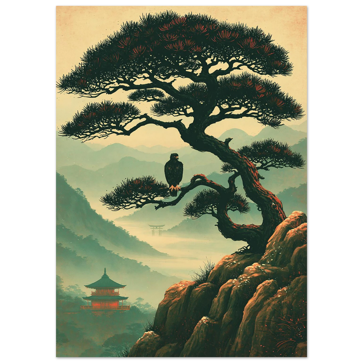 Poster Nō aru taka sans cadre — faucon perché sur un pin au-dessus d'une vallée brumeuse, affiche d'art japonais INKONAL