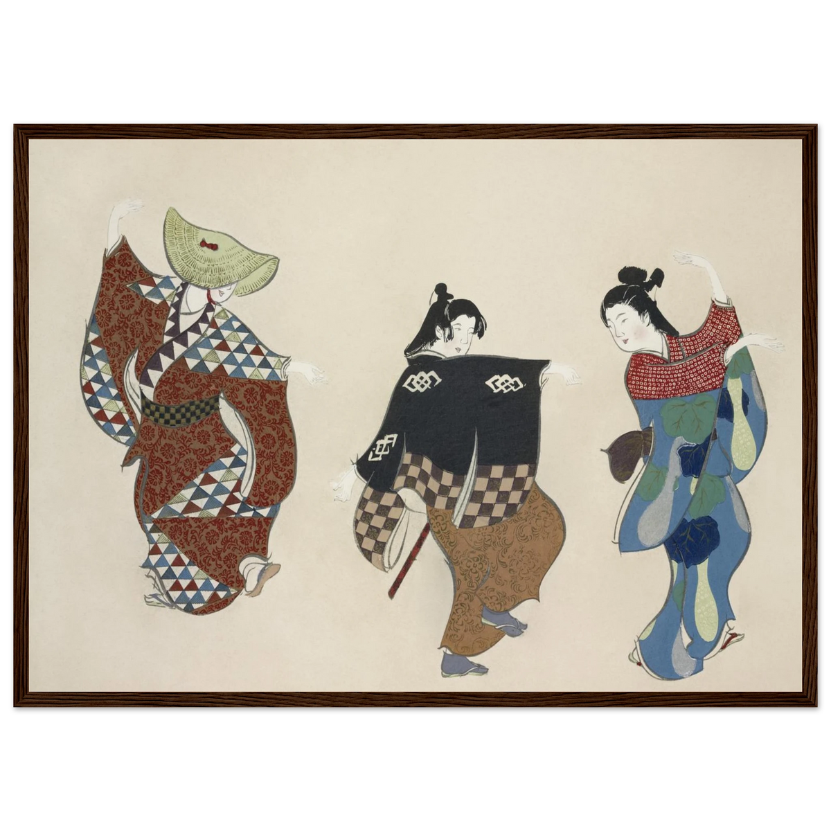 Estampe japonaise ODORI, Danse — Kamisaka Sekka, tirage encadré cadre bois foncé | INKONAL