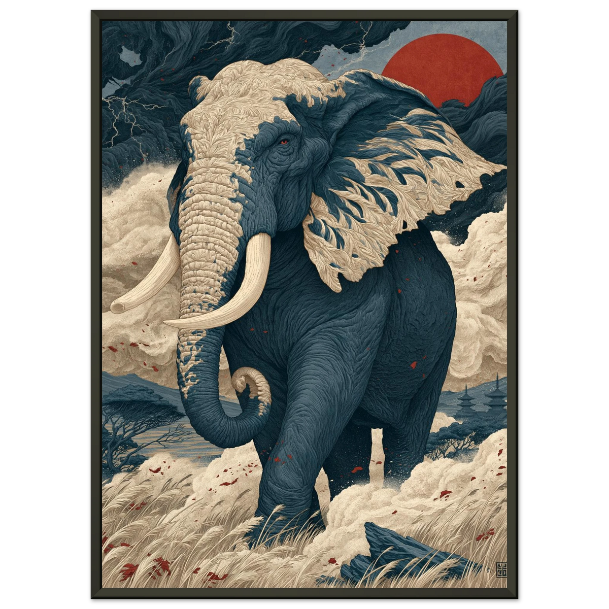 Poster Fudōshin — éléphant immobile au centre d'une tempête, affiche d'art japonais INKONAL