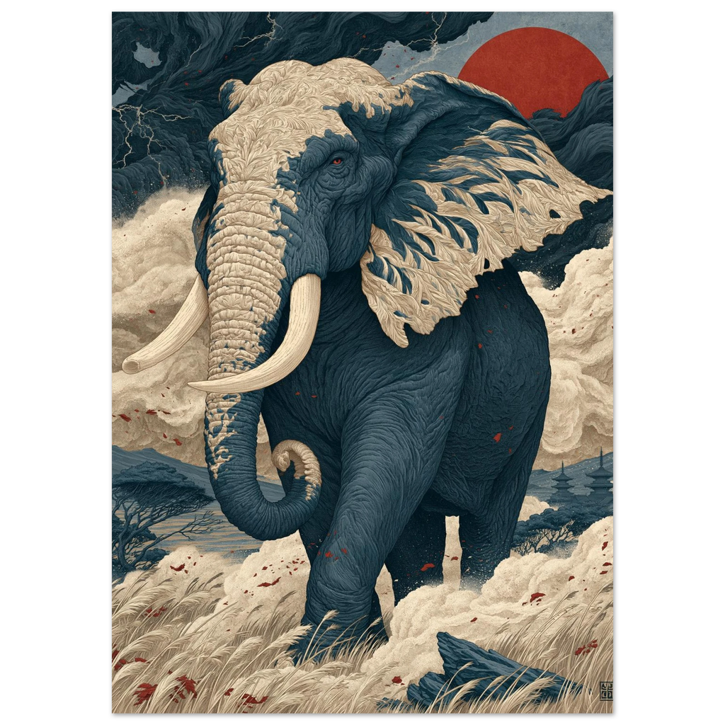 Poster Fudōshin — éléphant immobile au centre d'une tempête, affiche d'art japonais INKONAL