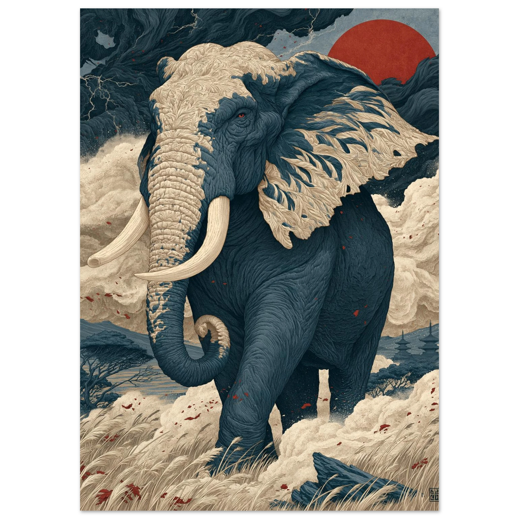Poster Fudōshin — éléphant immobile au centre d'une tempête, affiche d'art japonais INKONAL