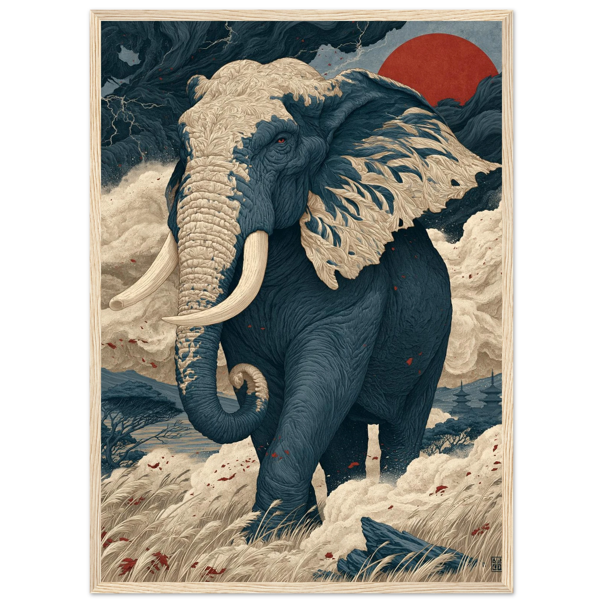 Poster Fudōshin — éléphant immobile au centre d'une tempête, affiche d'art japonais INKONAL