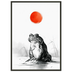 Poster Kaeru — grenouille immobile face à un disque rouge au bord de l'eau, affiche d'art japonais INKONAL