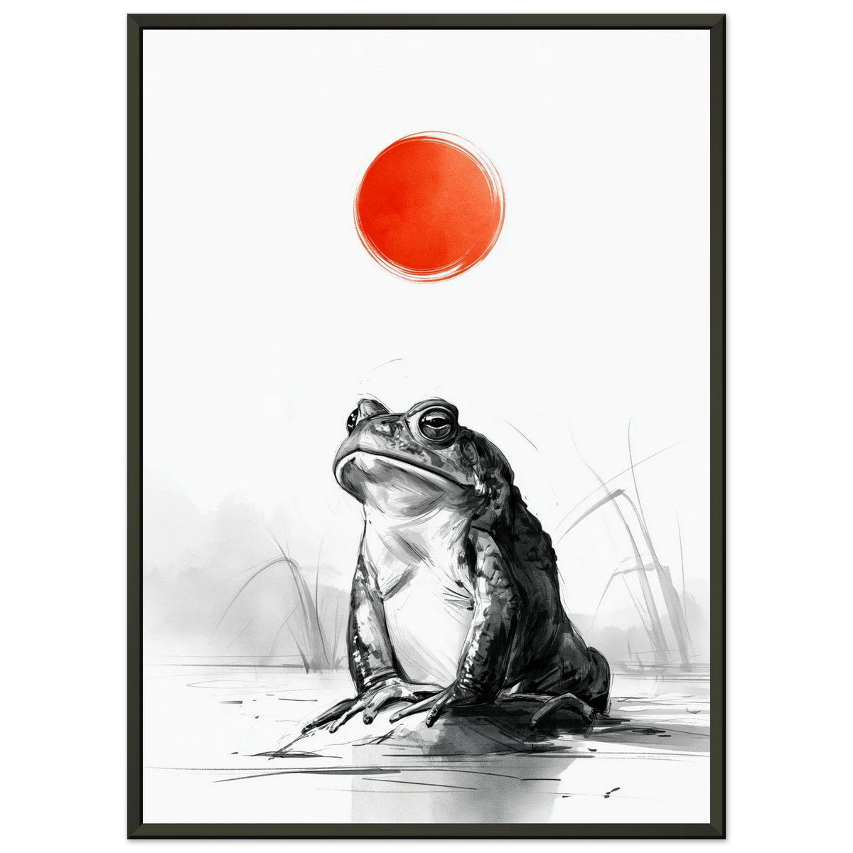 Poster Kaeru — grenouille immobile face à un disque rouge au bord de l'eau, affiche d'art japonais INKONAL