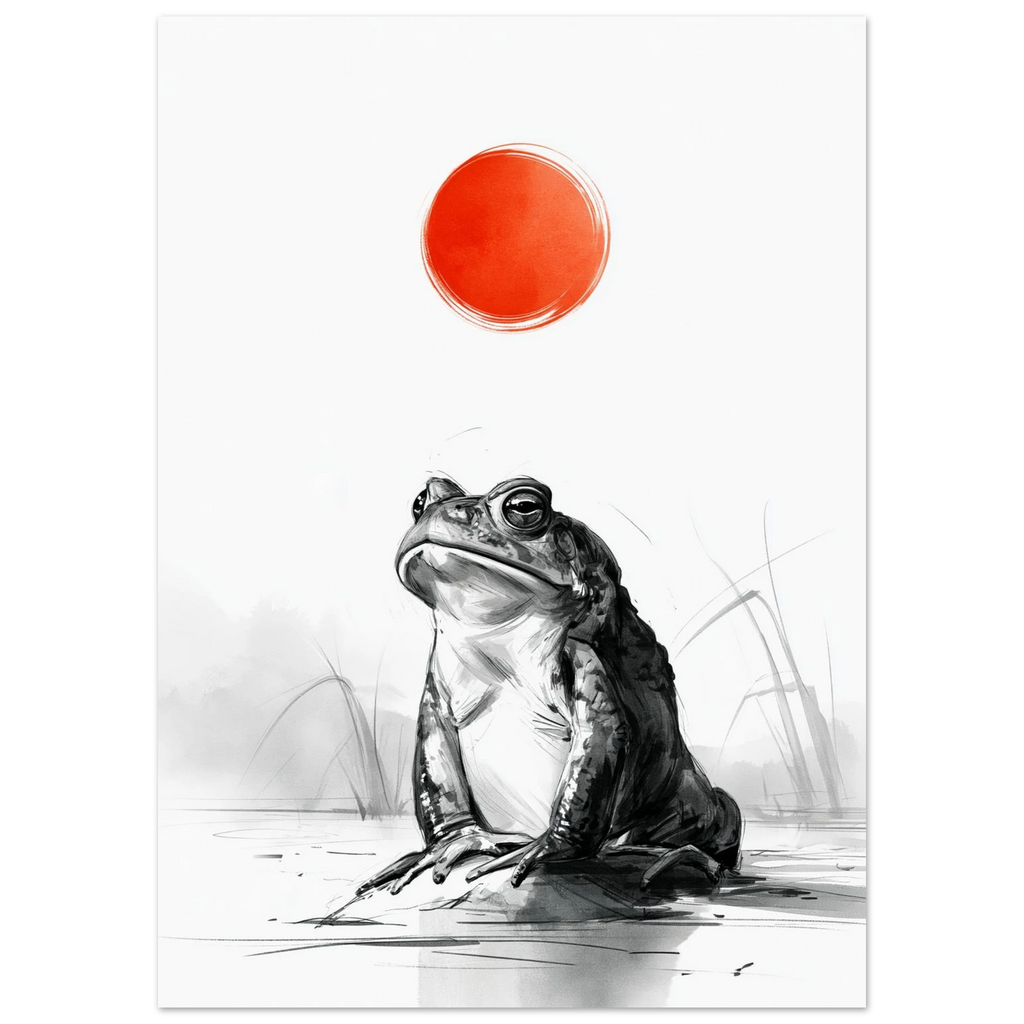 Poster Kaeru — grenouille immobile face à un disque rouge au bord de l'eau, affiche d'art japonais INKONAL