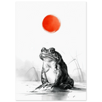 Poster Kaeru — grenouille immobile face à un disque rouge au bord de l'eau, affiche d'art japonais INKONAL