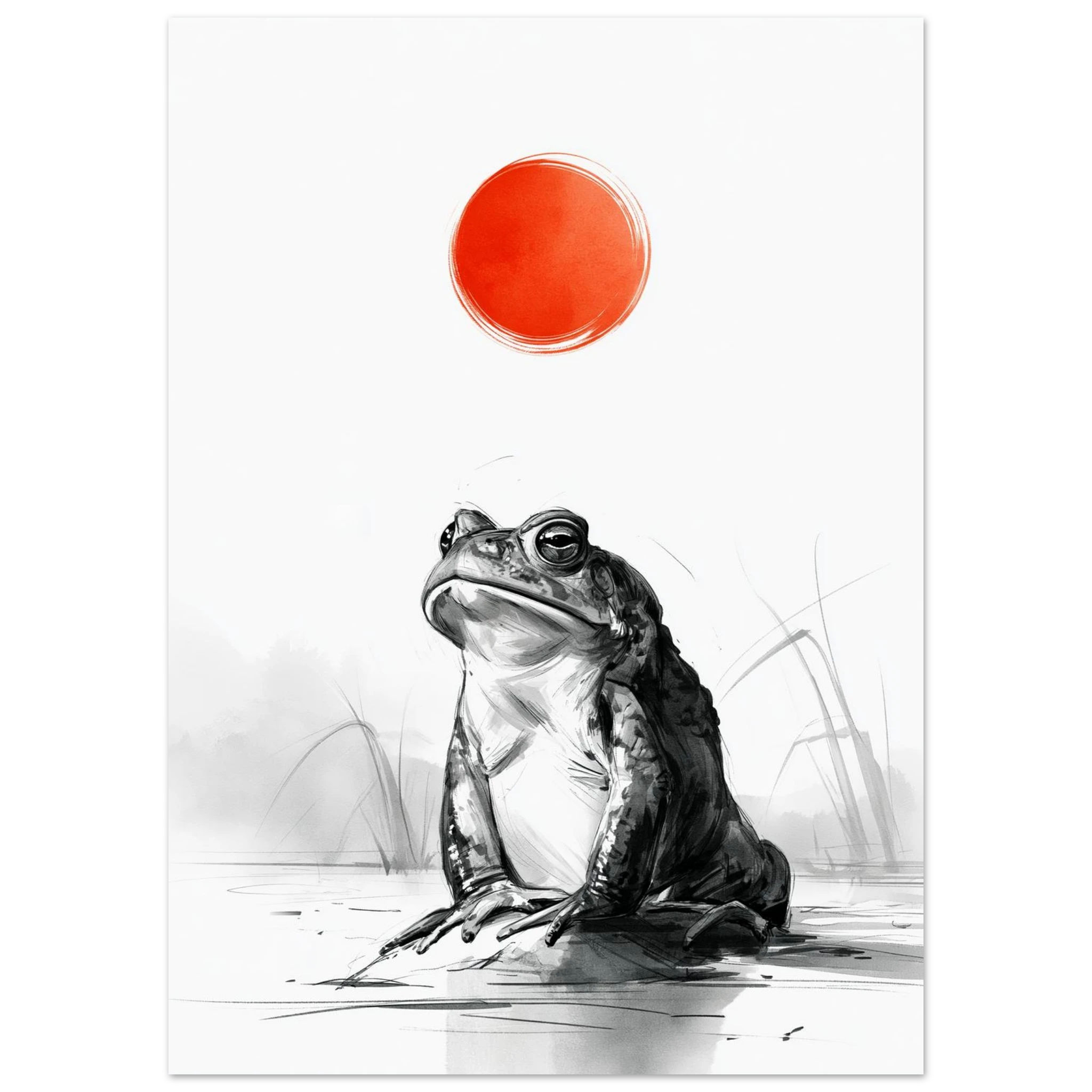 Poster Kaeru — grenouille immobile face à un disque rouge au bord de l'eau, affiche d'art japonais INKONAL