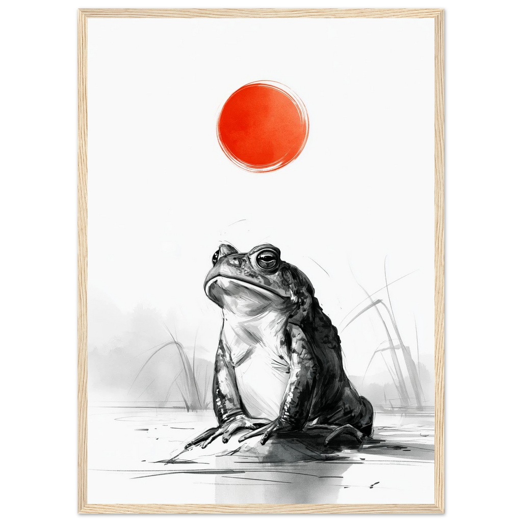 Poster Kaeru — grenouille immobile face à un disque rouge au bord de l'eau, affiche d'art japonais INKONAL