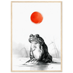 Poster Kaeru — grenouille immobile face à un disque rouge au bord de l'eau, affiche d'art japonais INKONAL