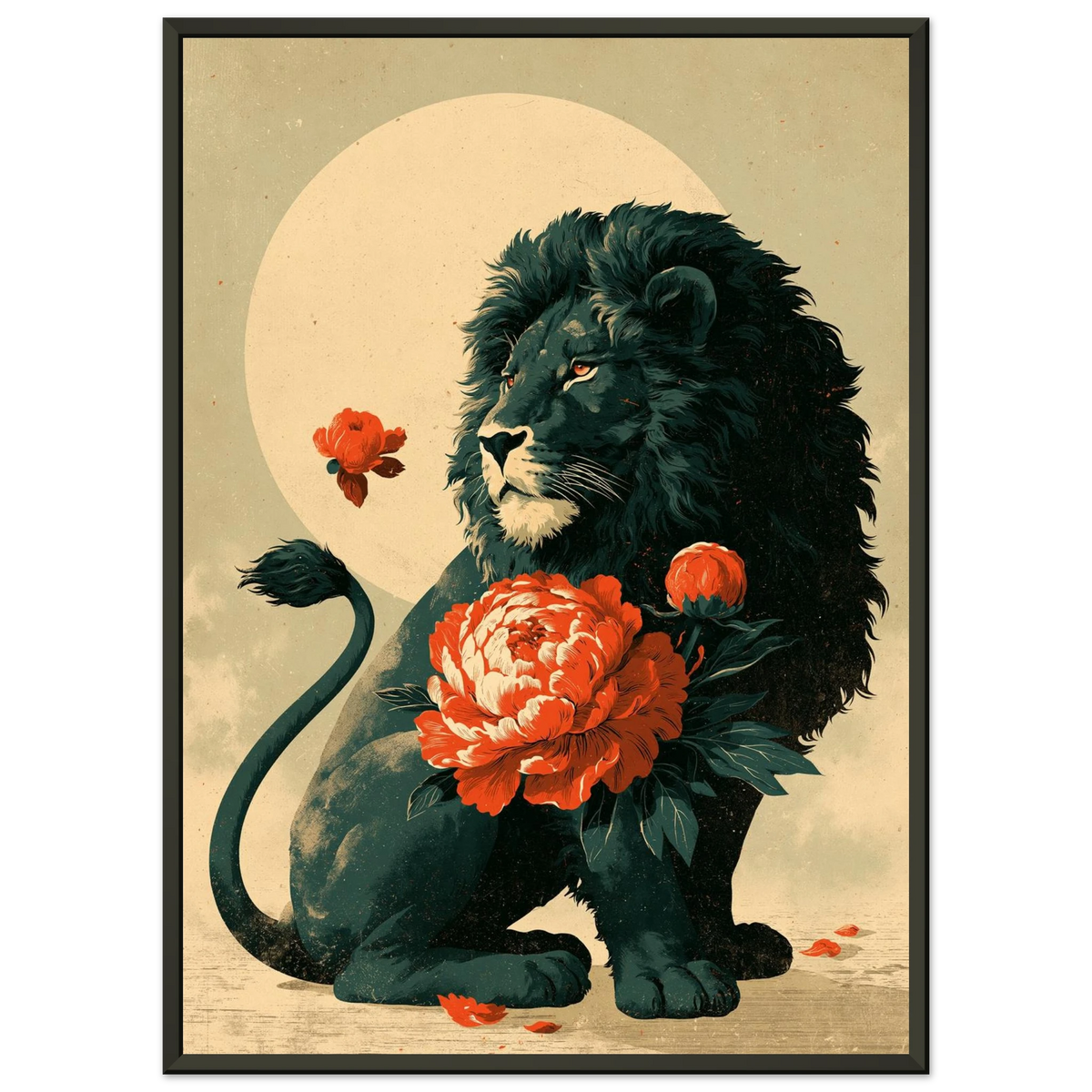 Poster Karajishi — lion protégeant une pivoine en fleur, affiche d'art japonais INKONAL