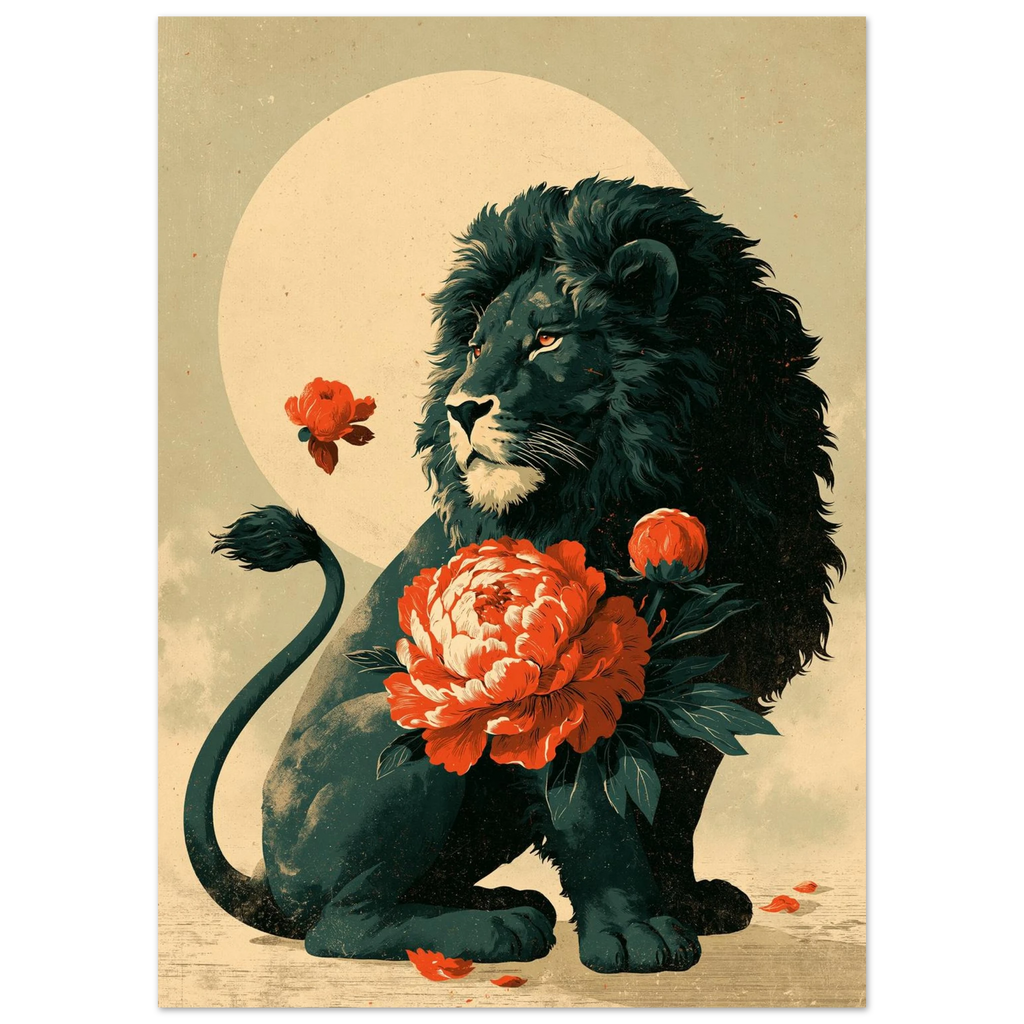 Poster Karajishi — lion protégeant une pivoine en fleur, affiche d'art japonais INKONAL