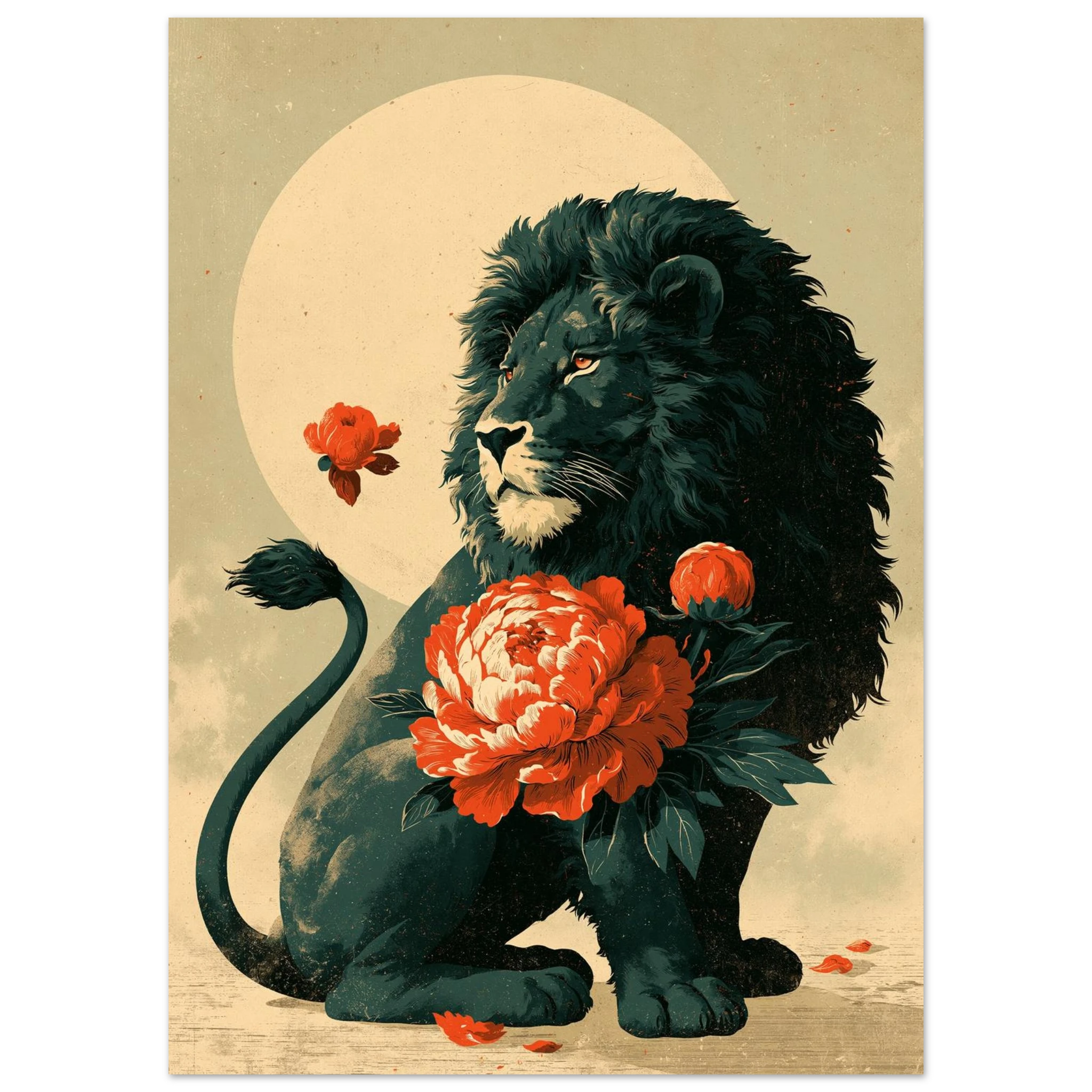 Poster Karajishi — lion protégeant une pivoine en fleur, affiche d'art japonais INKONAL