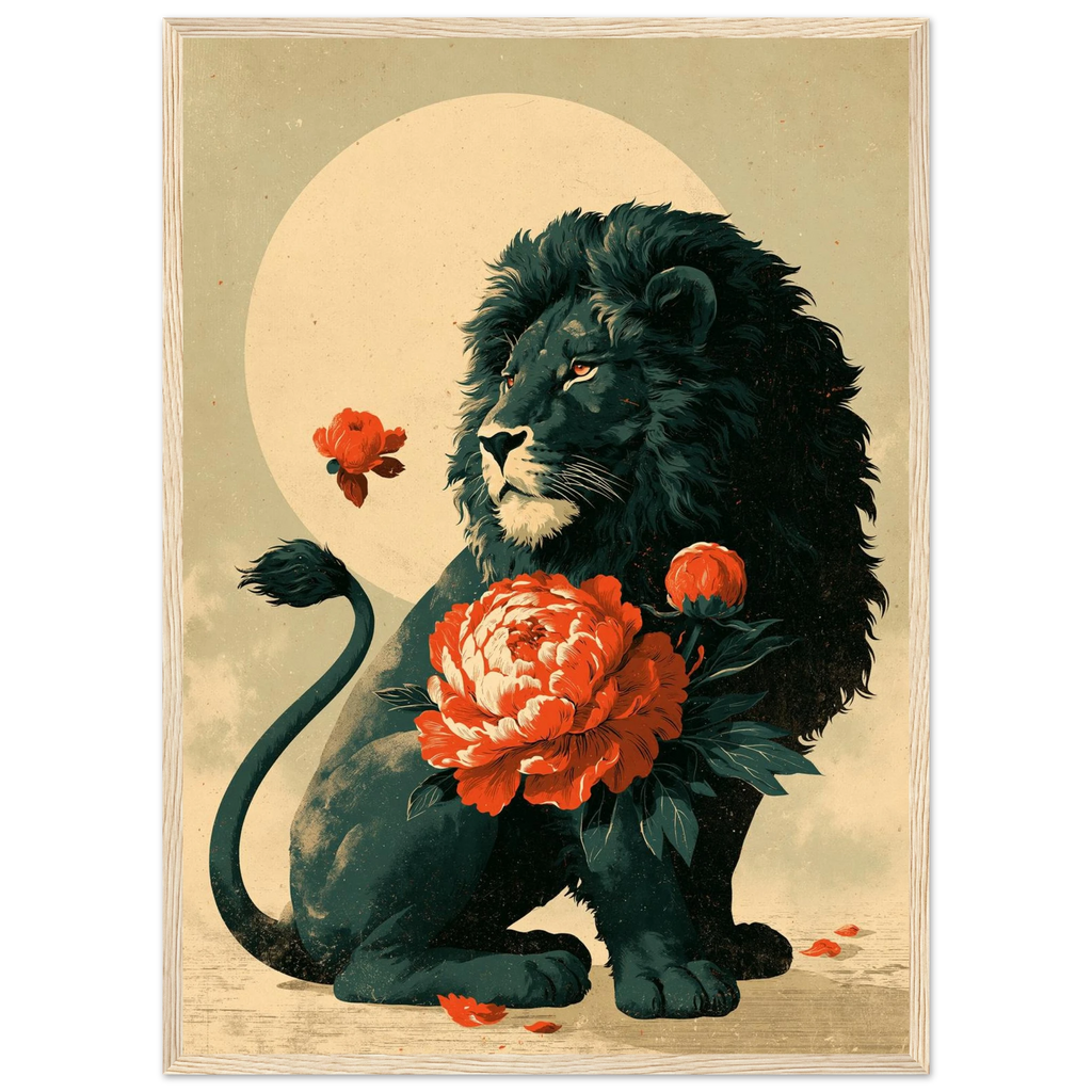 Poster Karajishi — lion protégeant une pivoine en fleur, affiche d'art japonais INKONAL