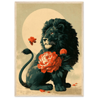 Poster Karajishi — lion protégeant une pivoine en fleur, affiche d'art japonais INKONAL