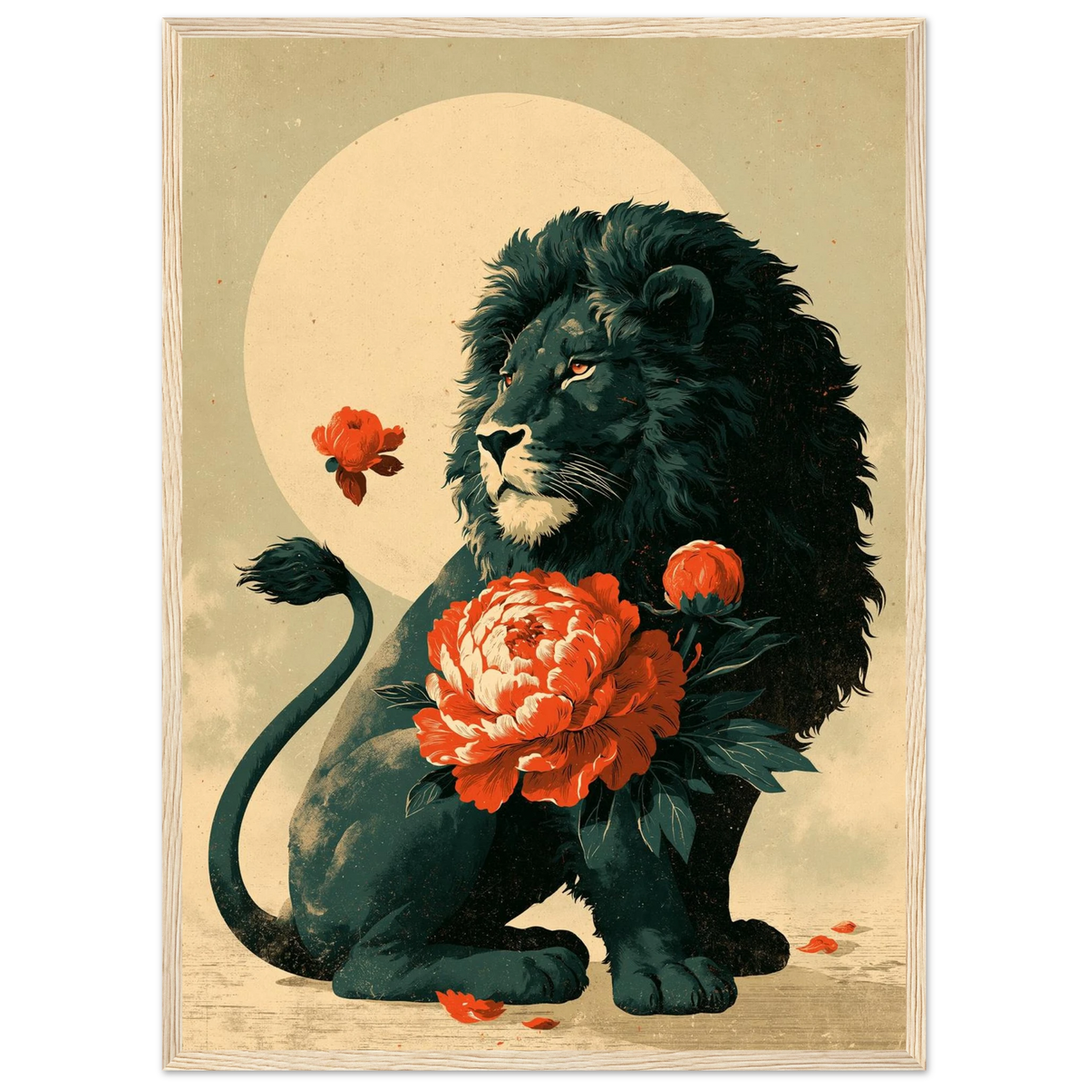 Poster Karajishi — lion protégeant une pivoine en fleur, affiche d'art japonais INKONAL