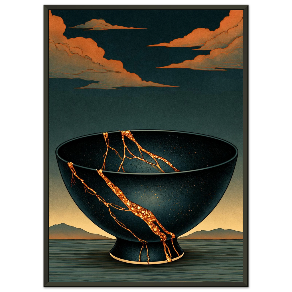 Poster Kintsugi — bol de céramique brisé réparé à l'or, affiche d'art japonais INKONAL